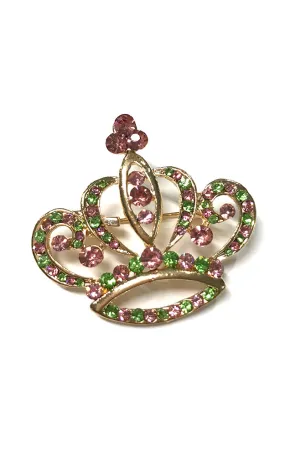 06621 Pink Green Mixed Stone Lined Crown Brooch