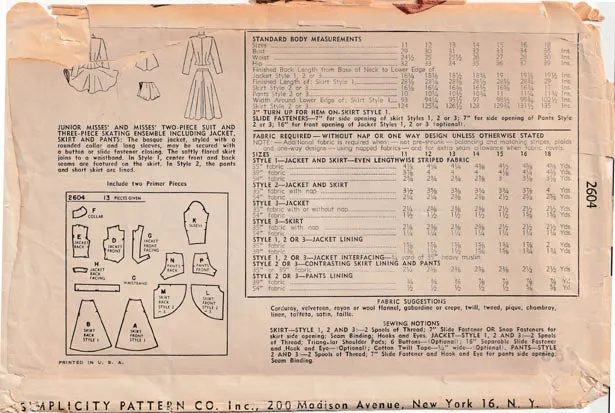 1948 Two-piece Suit and Three-piece Skating Ensemble, Original Simplicity 2604 30" bust