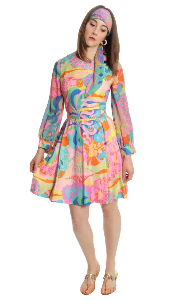 1960s As New Mod Tina Leser Silk Vintage Dress with Matching Chiffon Scarf