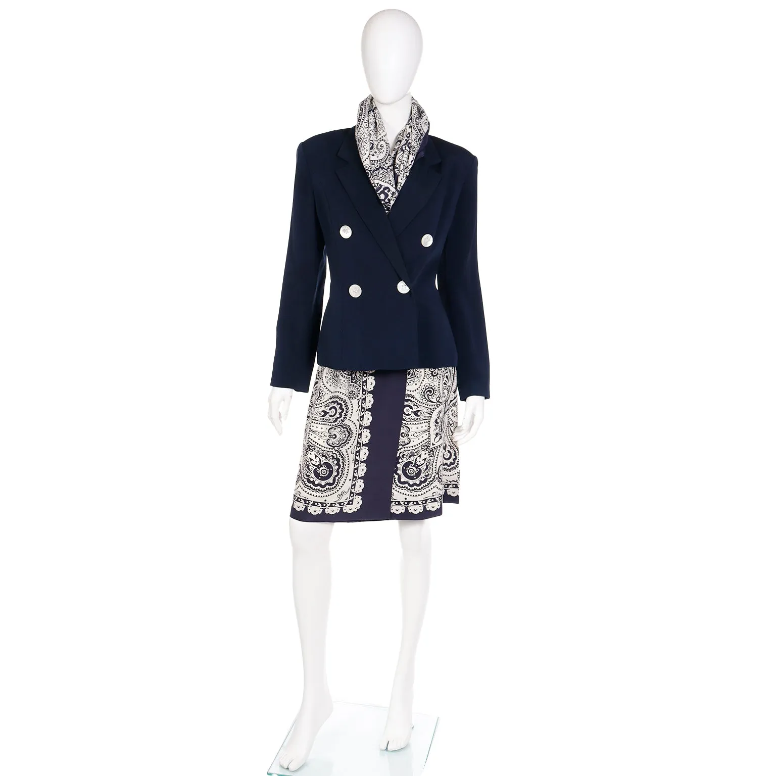 1980s Albert Nipon Navy Blue & White Scarf Print Skirt Jacket & Silk Scarf Suit