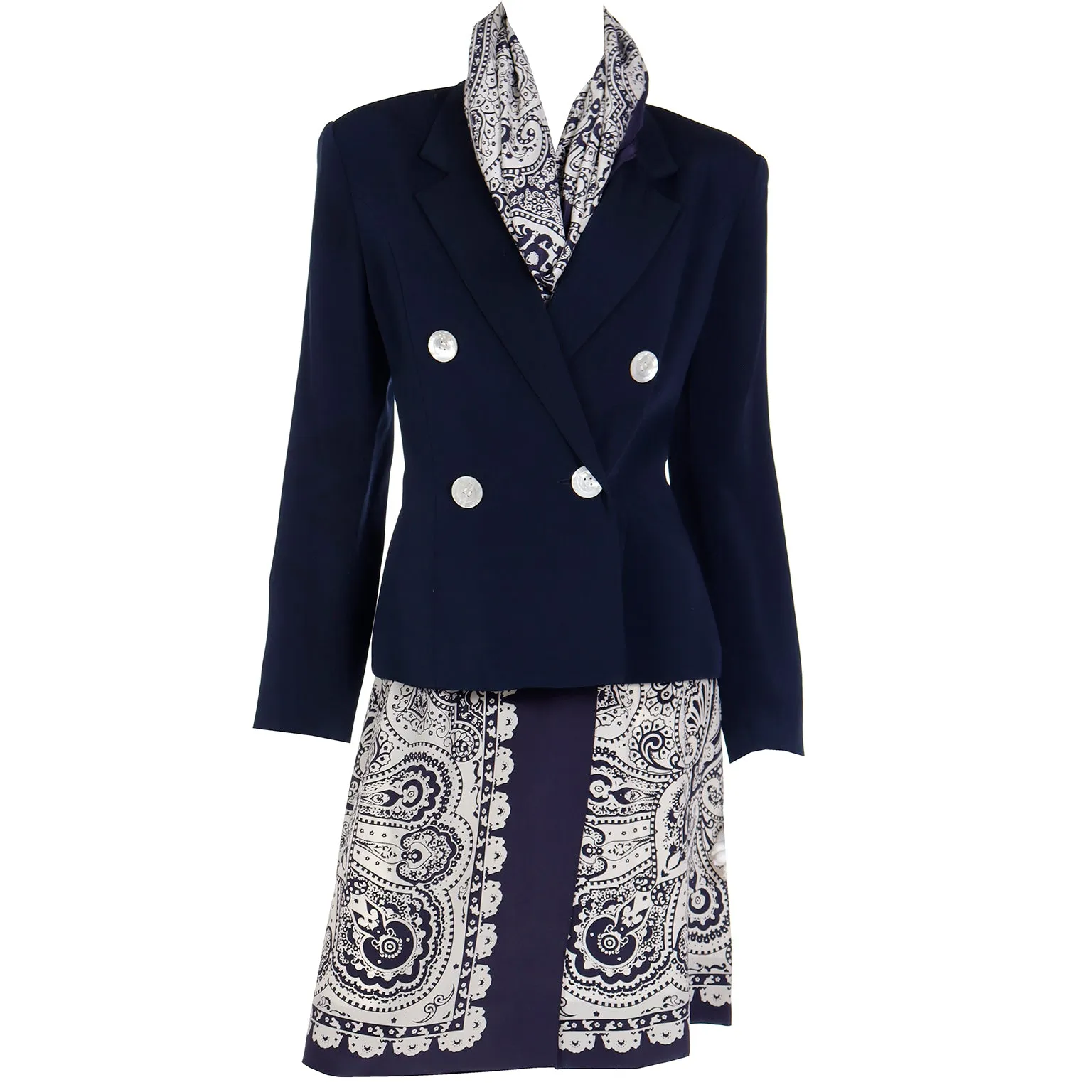 1980s Albert Nipon Navy Blue & White Scarf Print Skirt Jacket & Silk Scarf Suit