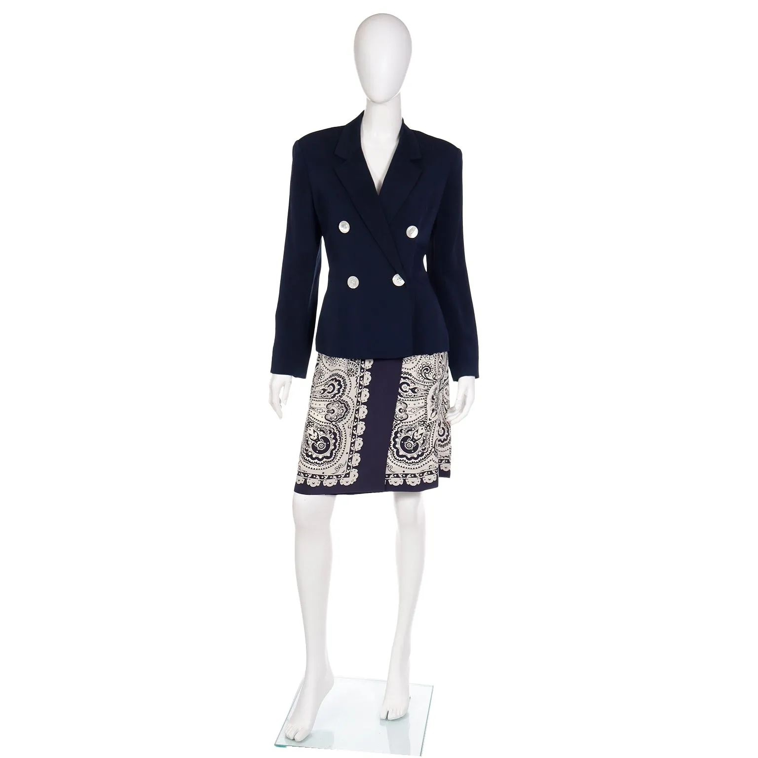 1980s Albert Nipon Navy Blue & White Scarf Print Skirt Jacket & Silk Scarf Suit