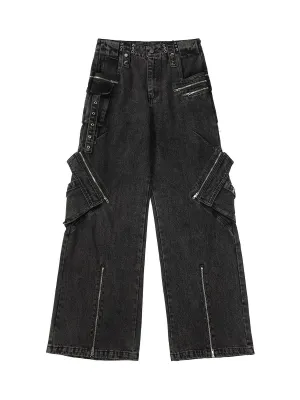 1984 Multi-Pocket Exposed Zippers Baggy Jeans