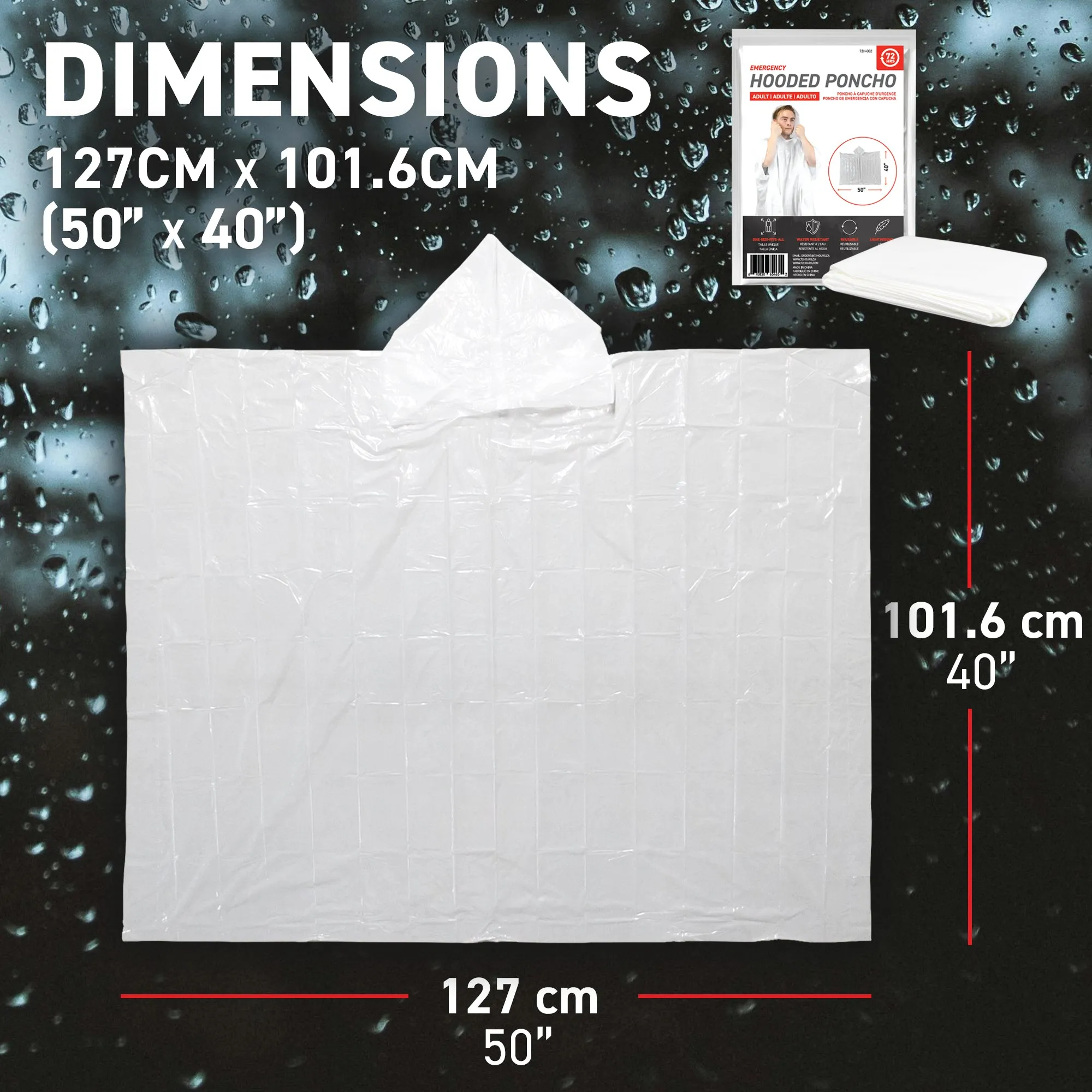 72HRS Disposable Hooded Rain Poncho