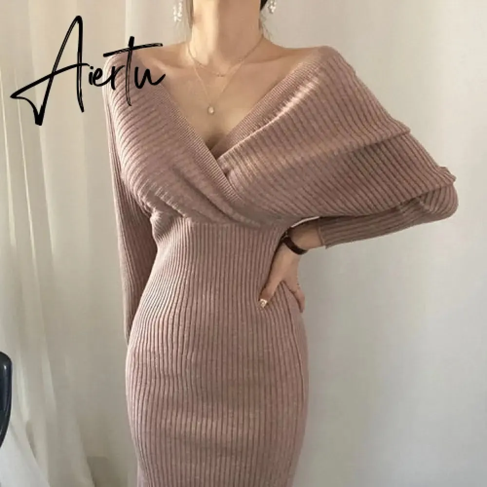 Aiertu Long-sleeved Knitted Dress Woman Fall Cross V-neck Pink Knit Dress Clothing Woman Autumn and Winter Korean Knitwear Work