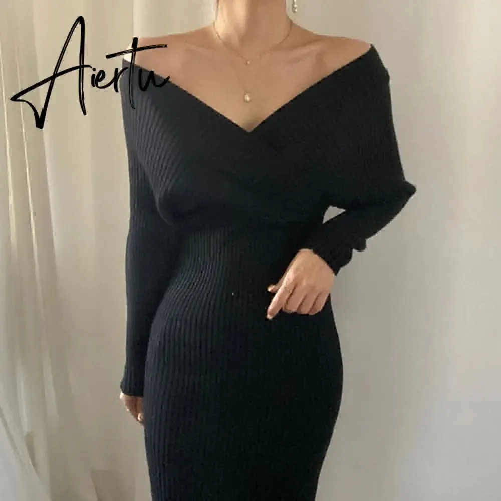 Aiertu Long-sleeved Knitted Dress Woman Fall Cross V-neck Pink Knit Dress Clothing Woman Autumn and Winter Korean Knitwear Work