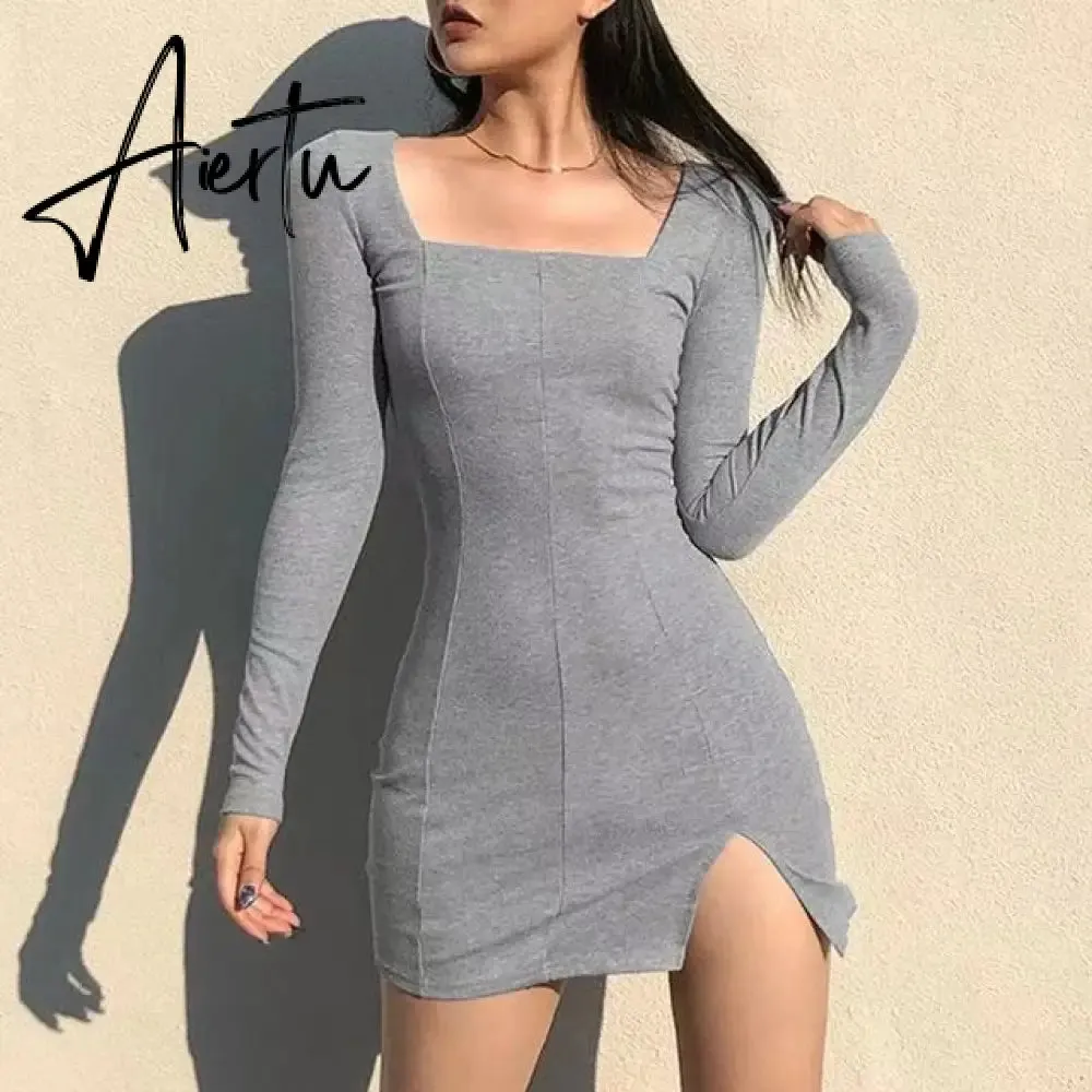 Aiertu Long-sleeved Knitted Dress Woman Fall Cross V-neck Pink Knit Dress Clothing Woman Autumn and Winter Korean Knitwear Work