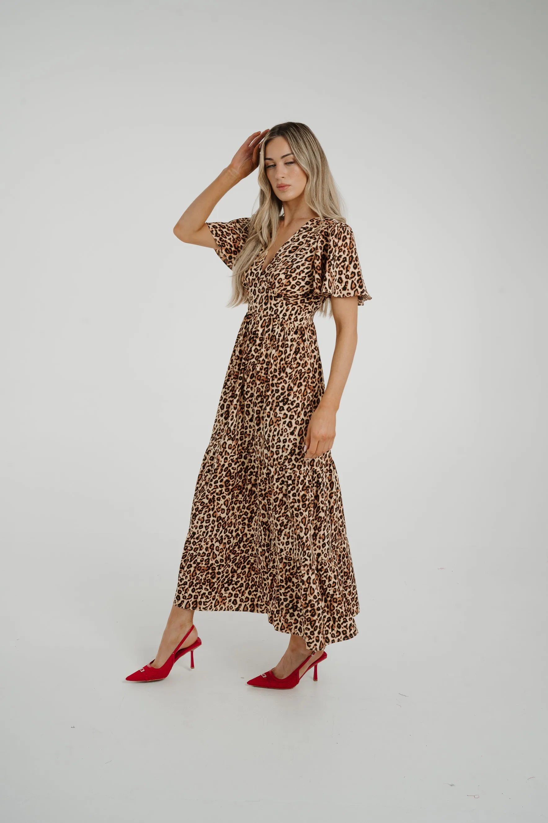 Ally Tiered Midi Dress In Leopard Print