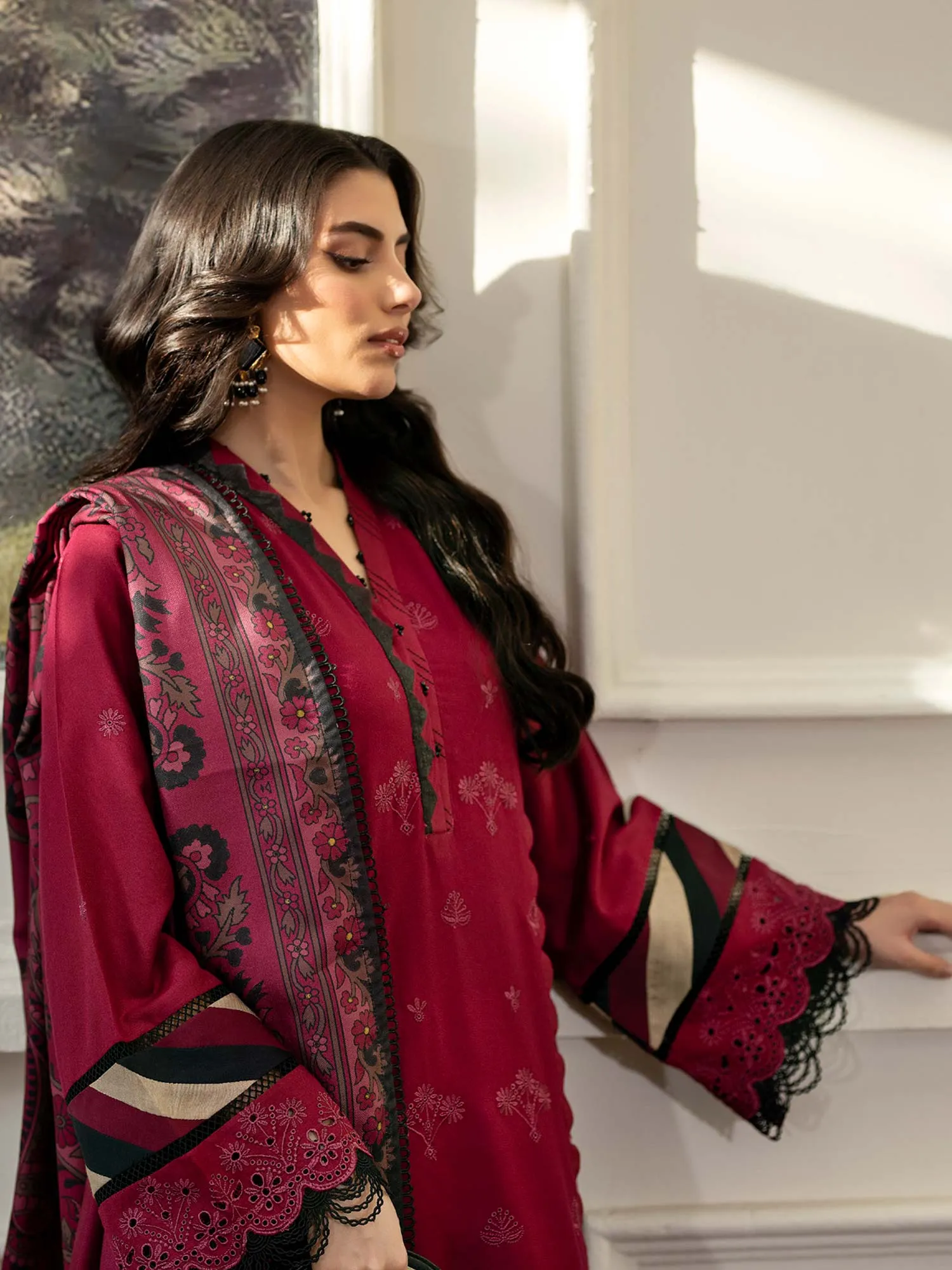 Ally's Dhanak Chikankari Maroon 3-Piece Suit (AL-DNK40)