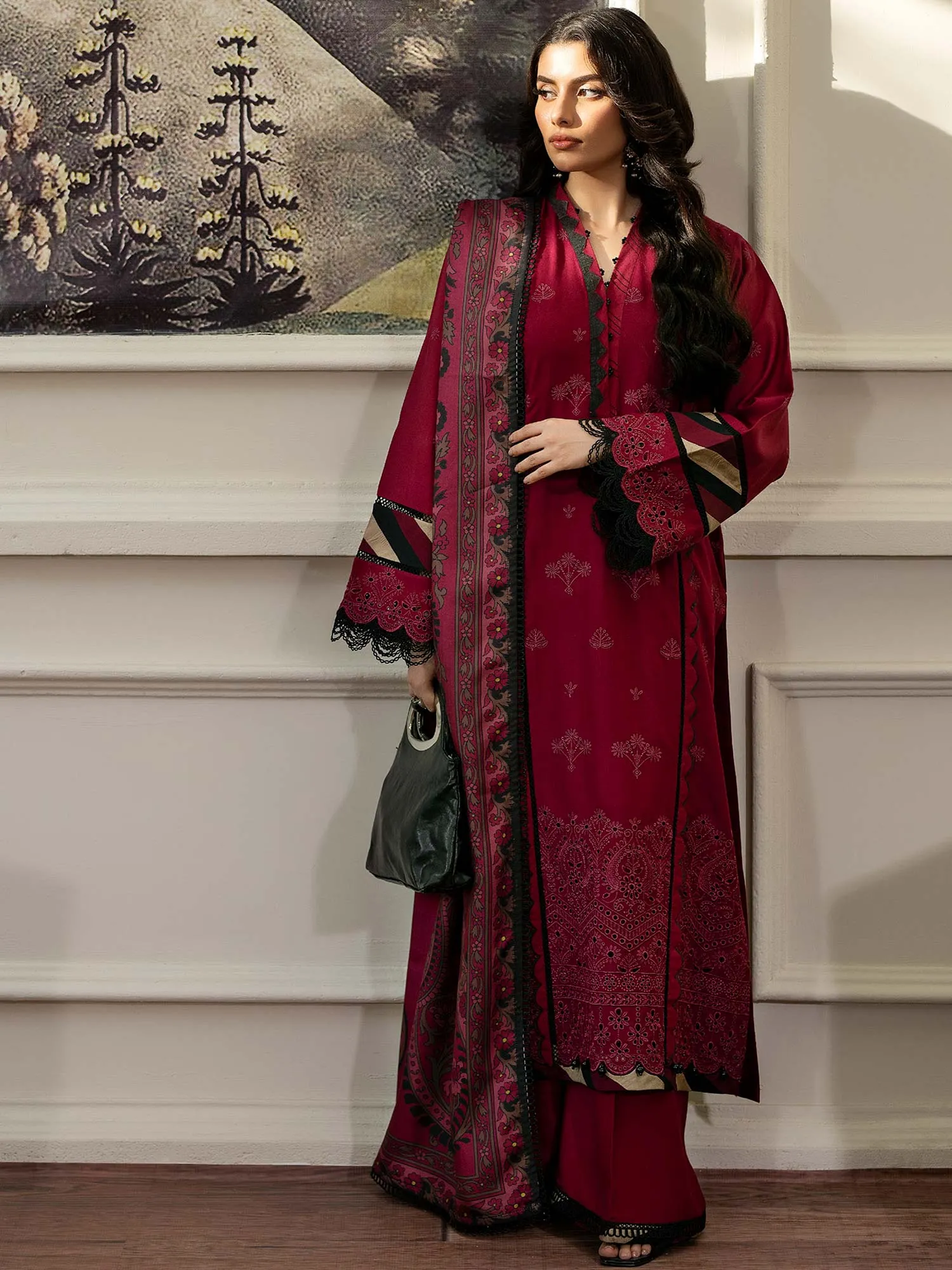 Ally's Dhanak Chikankari Maroon 3-Piece Suit (AL-DNK40)