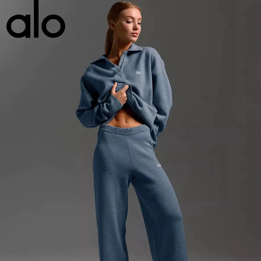 Alo Fall/Winter Knitted Sweater, Polo Neck Pullover, Wide-leg Pants, Yoga Fitness Suit