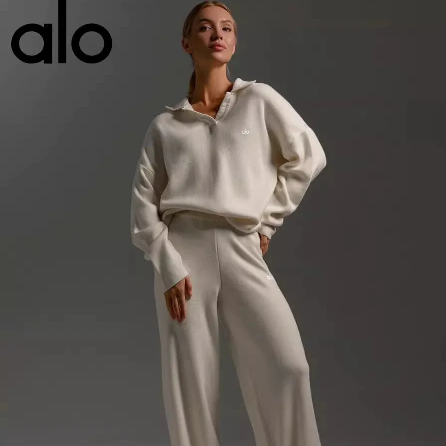 Alo Fall/Winter Knitted Sweater, Polo Neck Pullover, Wide-leg Pants, Yoga Fitness Suit