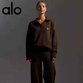 Alo Fall/Winter Knitted Sweater, Polo Neck Pullover, Wide-leg Pants, Yoga Fitness Suit