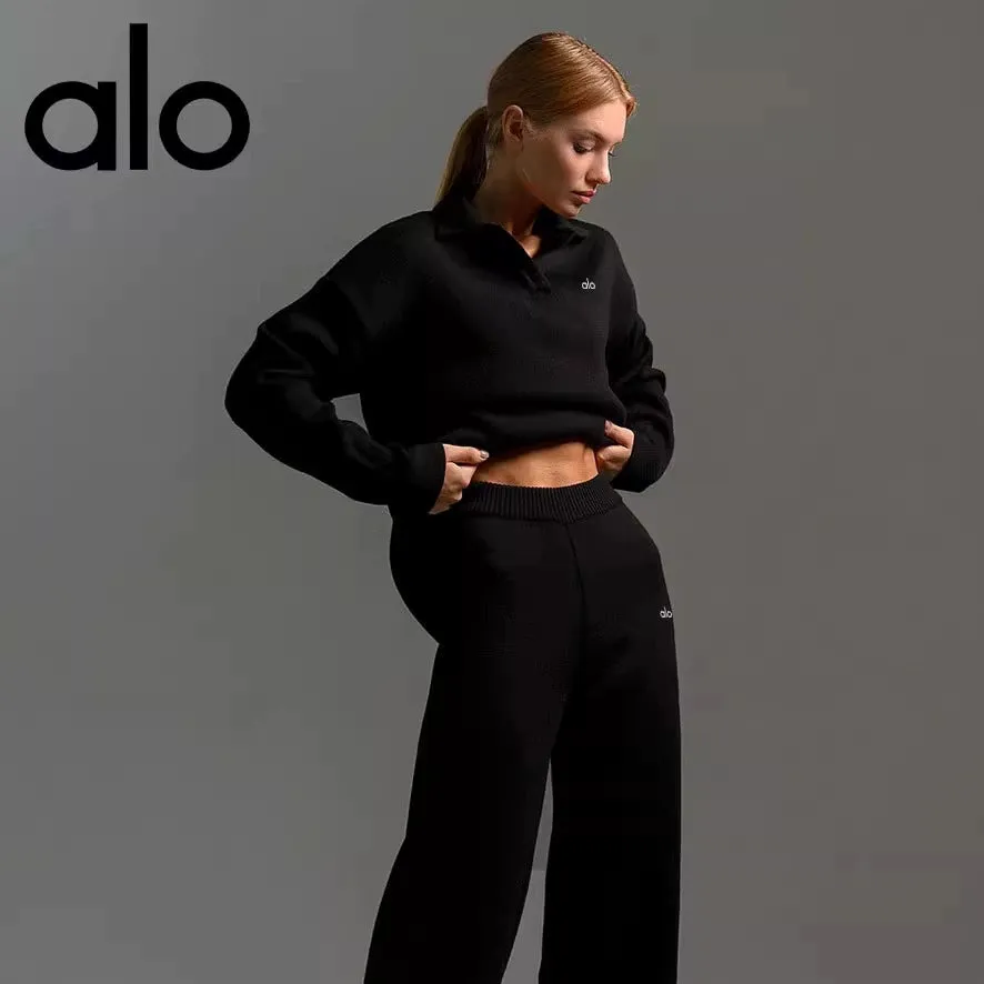 Alo Fall/Winter Knitted Sweater, Polo Neck Pullover, Wide-leg Pants, Yoga Fitness Suit