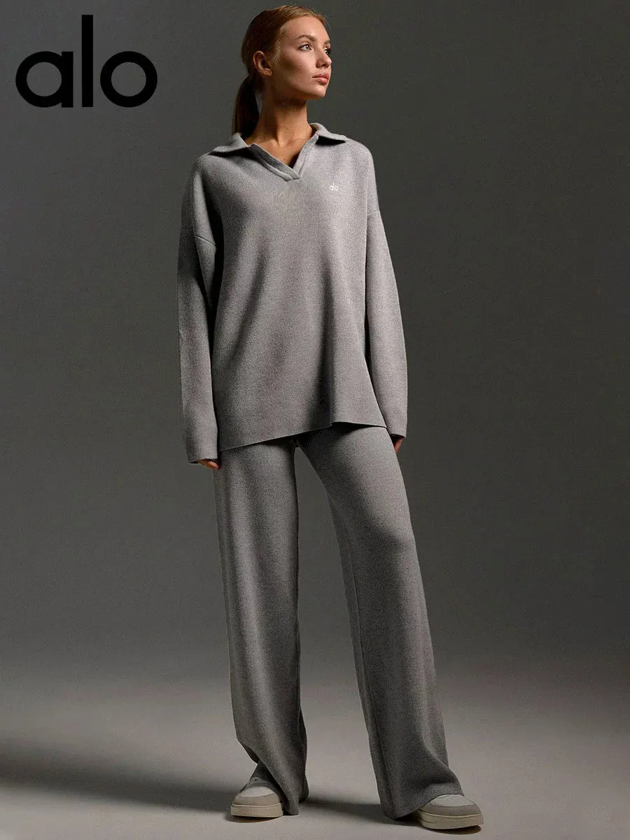 Alo Fall/Winter Knitted Sweater, Polo Neck Pullover, Wide-leg Pants, Yoga Fitness Suit