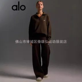 Alo Yoga Fall/Winter Knitted Sweater Polo Neck Pullover Wide-leg Pants Yoga Fitness Exercise Set