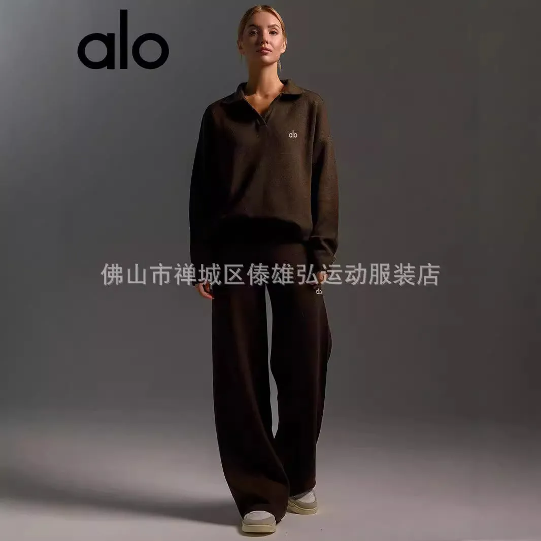 Alo Yoga Fall/Winter Knitted Sweater Polo Neck Pullover Wide-leg Pants Yoga Fitness Exercise Set