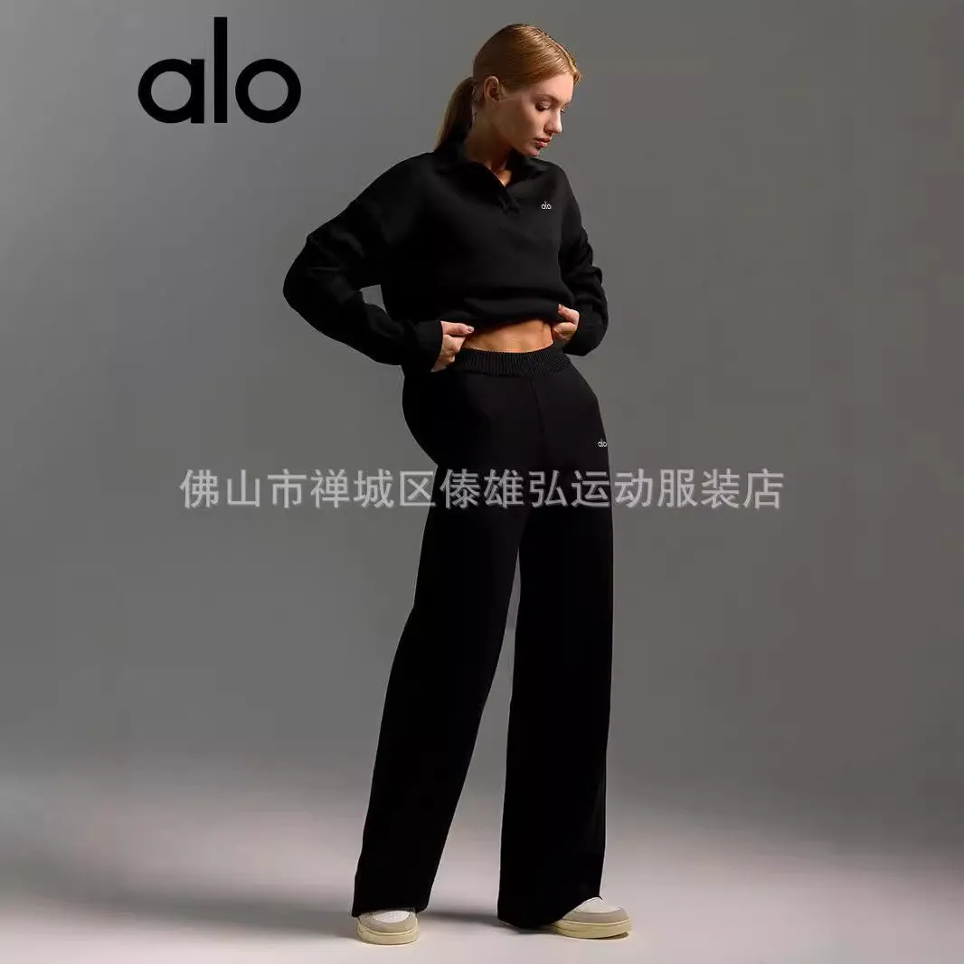 Alo Yoga Fall/Winter Knitted Sweater Polo Neck Pullover Wide-leg Pants Yoga Fitness Exercise Set