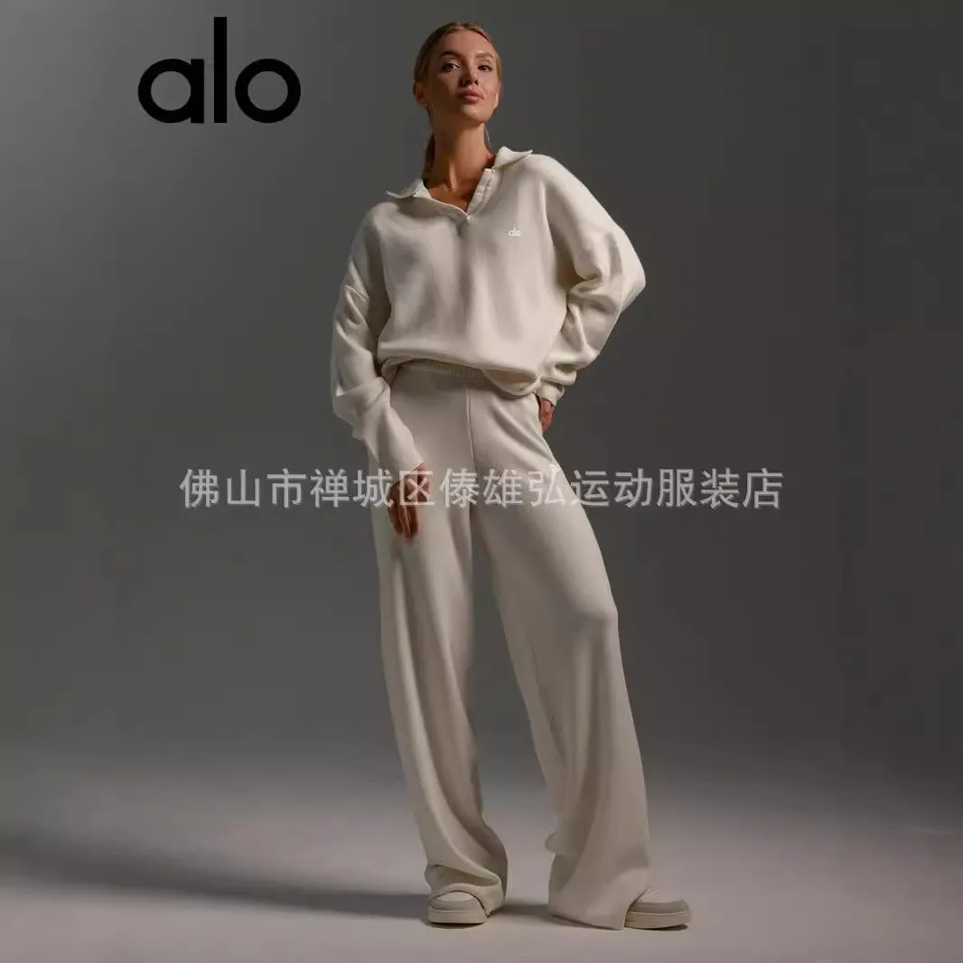 Alo Yoga Fall/Winter Knitted Sweater Polo Neck Pullover Wide-leg Pants Yoga Fitness Exercise Set