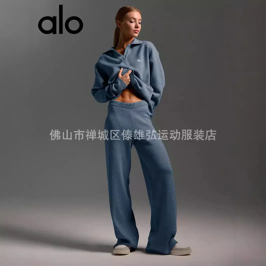 Alo Yoga Fall/Winter Knitted Sweater Polo Neck Pullover Wide-leg Pants Yoga Fitness Exercise Set