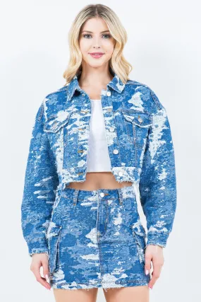 American Bazi Jacquard Trim Cropped Distressed Denim Jacket