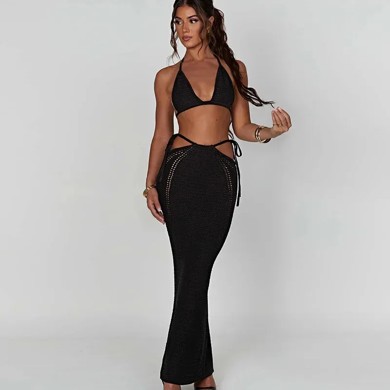 Amozae-A Hollow Out Knit Dress Set Women Lace-up Crop Top And Long Skirt Matching Sets Female Sexy Club Party Two Piece Set