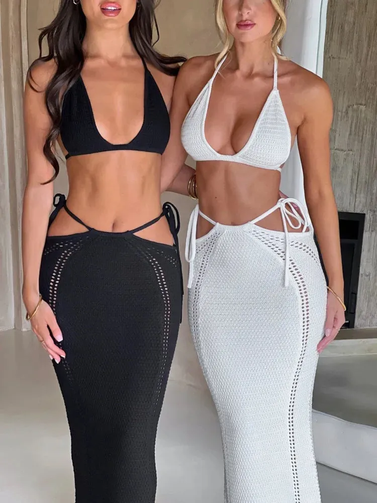 Amozae-A Hollow Out Knit Dress Set Women Lace-up Crop Top And Long Skirt Matching Sets Female Sexy Club Party Two Piece Set