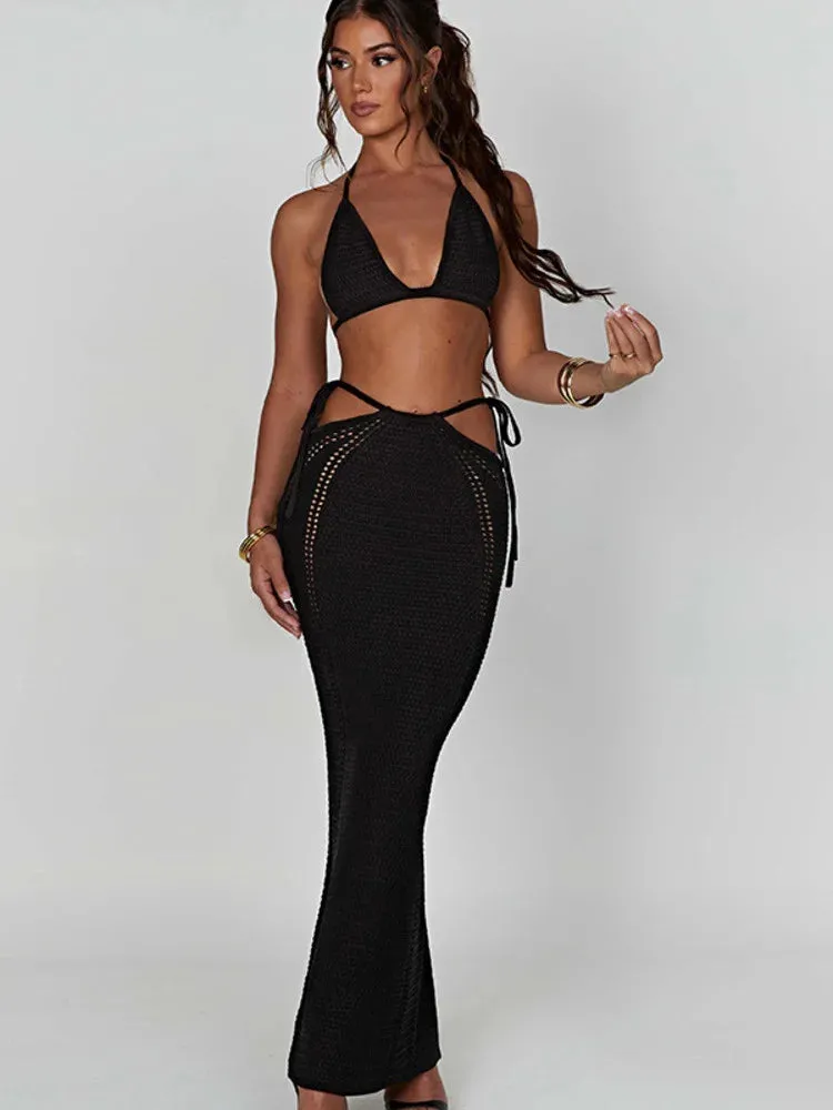 Amozae-A Hollow Out Knit Dress Set Women Lace-up Crop Top And Long Skirt Matching Sets Female Sexy Club Party Two Piece Set