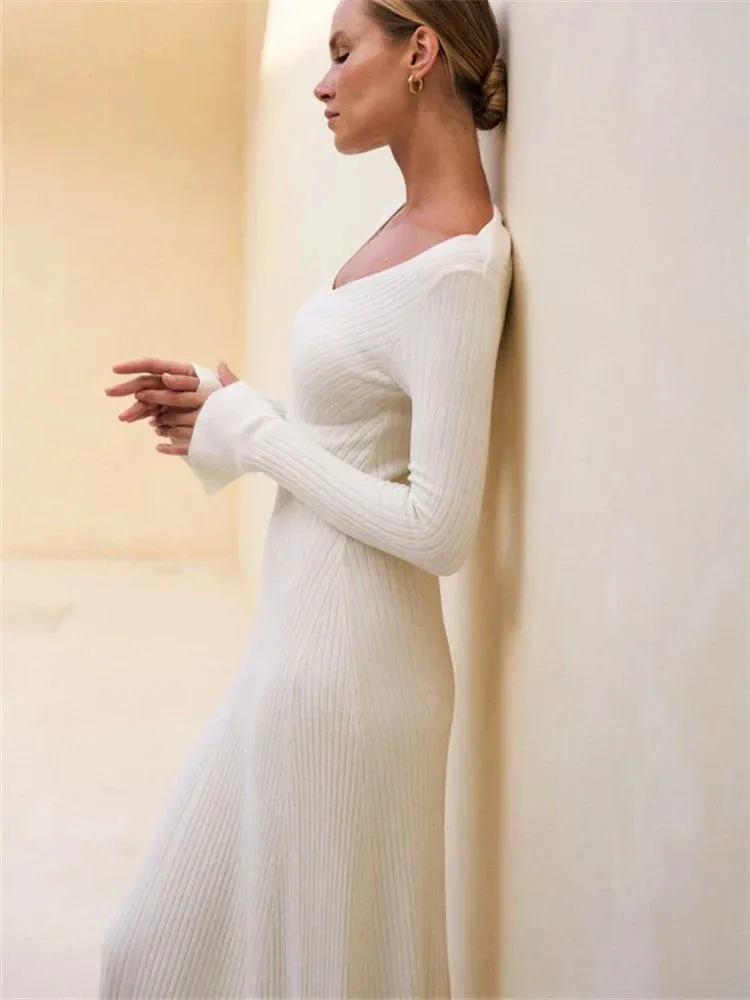 Amozae V-Neck Ribbed Knitwear Dress Female Patchwork Ruffled Slim High Waist Long Sleeve Bodycon Dress Knit Vintage Maxi Dress