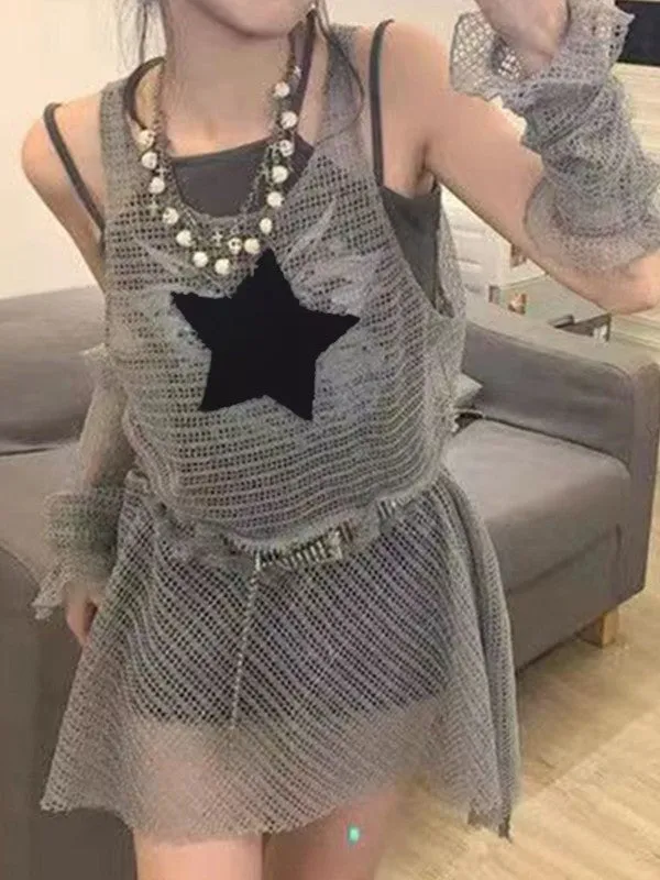 Arm Gloves Hollow Out Star Crochet Knit Mini Dresses