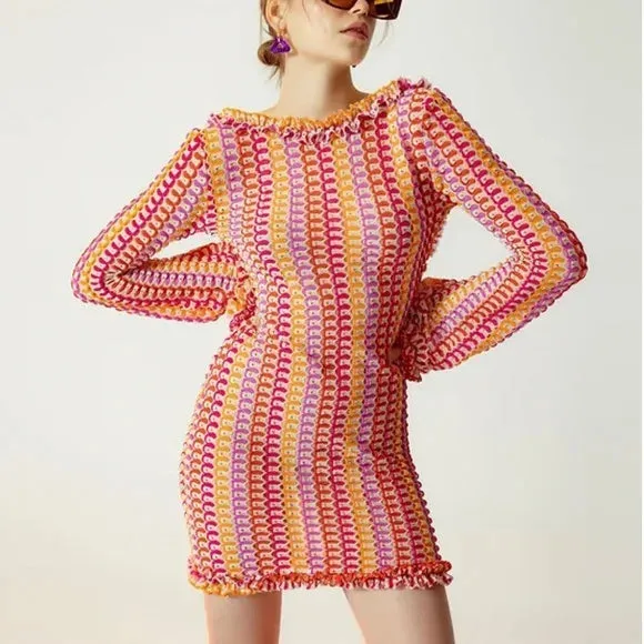 Backless Knitted Beach Dress Women Fashion Hollow Out Mini Boho Dress Summer Elegant Colorful Long Sleeve Bikini Cover Up