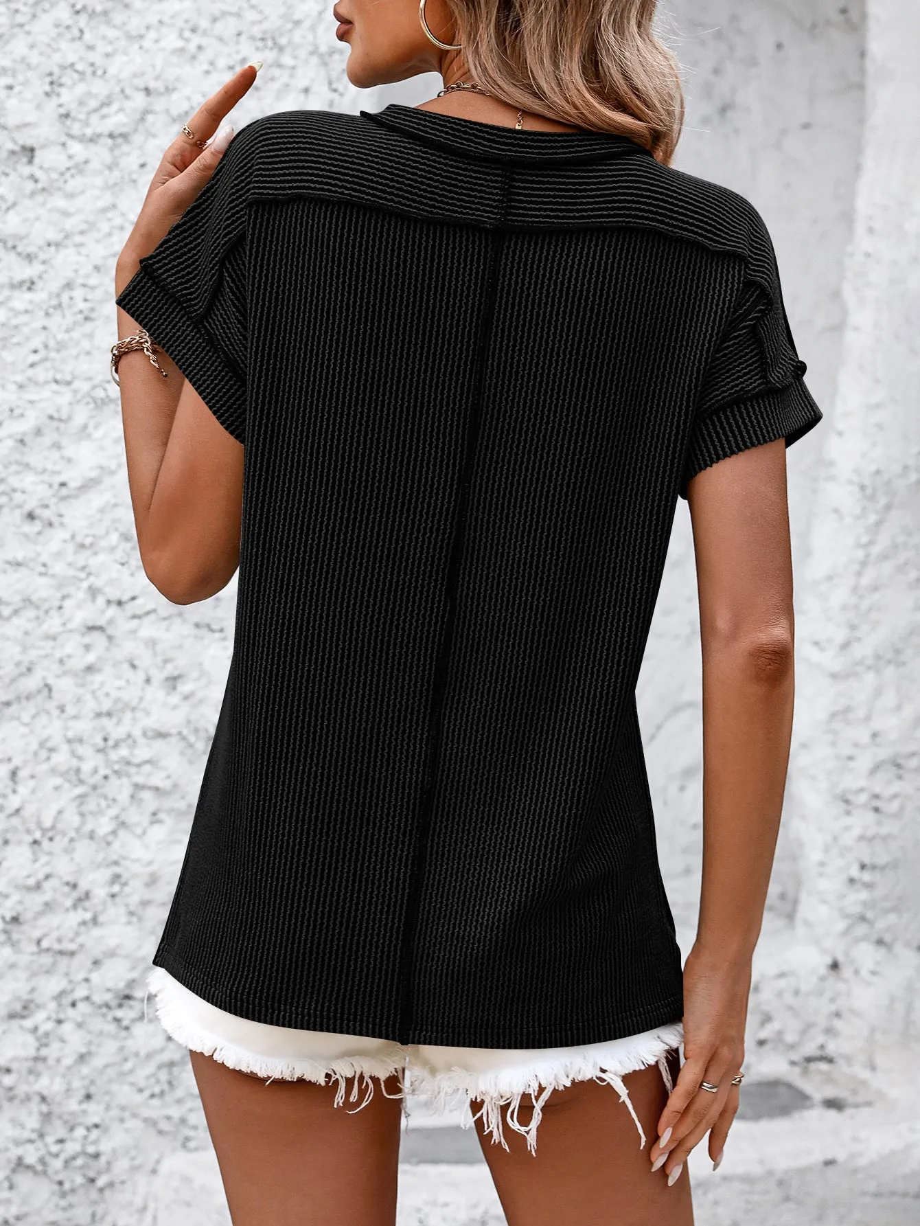 Backstitch Strip Short Sleeve Knit Casual T Shirts