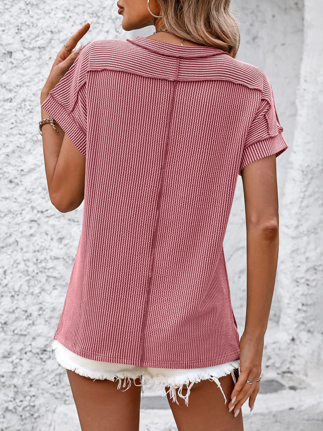 Backstitch Strip Short Sleeve Knit Casual T Shirts