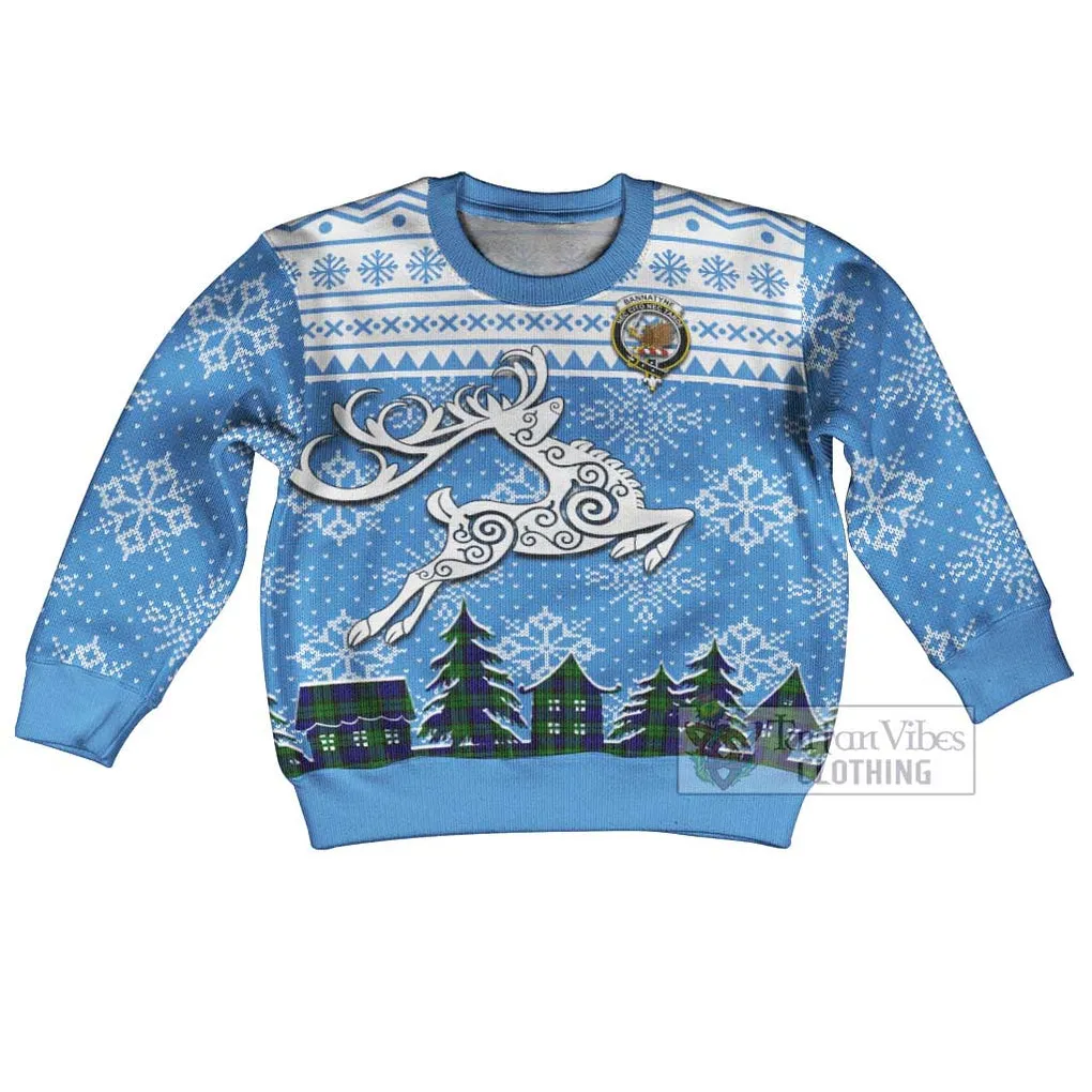 Bannatyne Clan Christmas Kid Ugly Sweater with Tartan and Celtic Reindeer Style