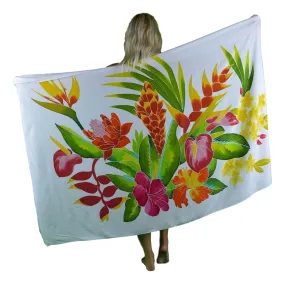 Batik Sarong | Handpainted Flowers | Tropical White | Pareo