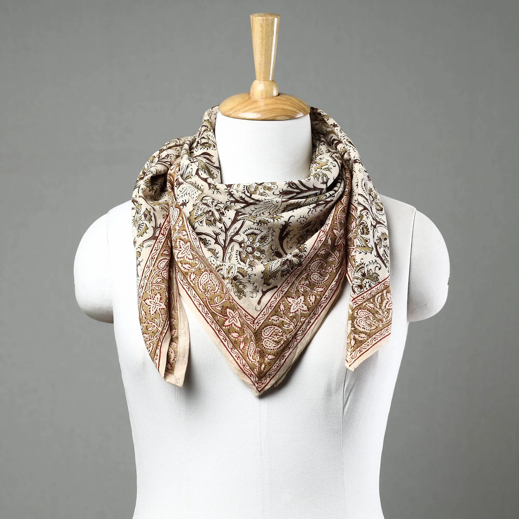 Beige - Pedana Kalamkari Block Printed Natural Dyed Cotton Scarf 77