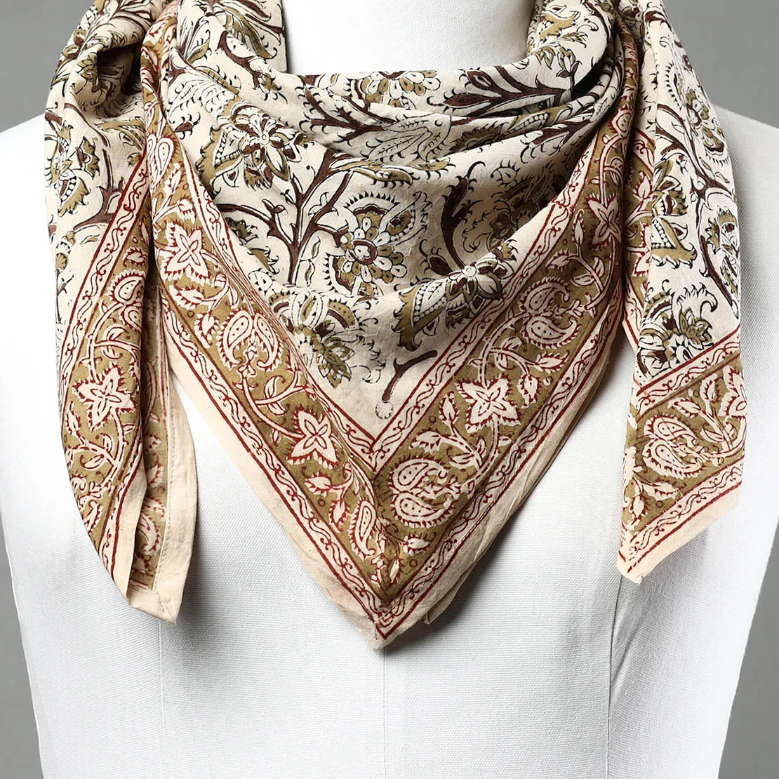 Beige - Pedana Kalamkari Block Printed Natural Dyed Cotton Scarf 77