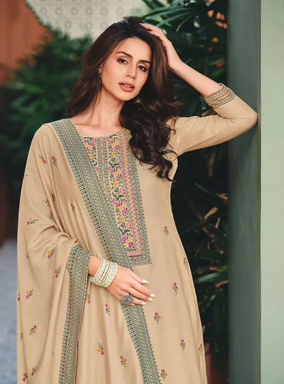 Beige Winter Pashmina Woolen Suit Dress Material for Ladies