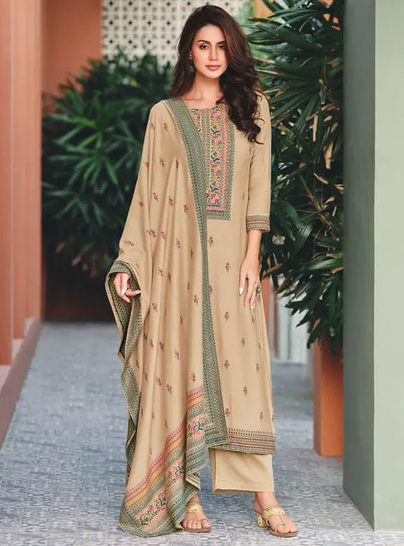 Beige Winter Pashmina Woolen Suit Dress Material for Ladies