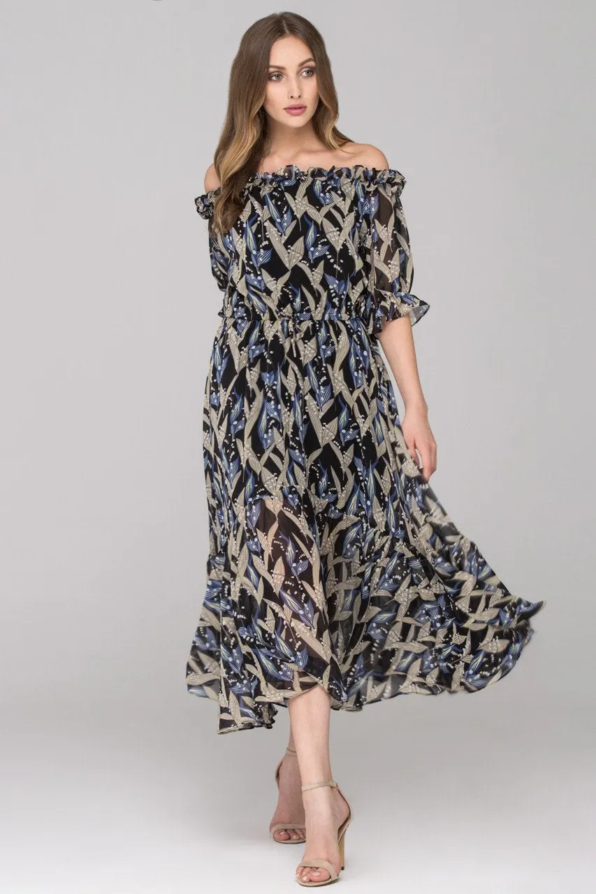 Black and Blue Lily of the Valley Off the Shoulder Maxi Dress