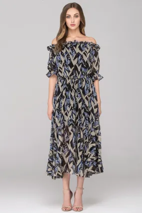 Black and Blue Lily of the Valley Off the Shoulder Maxi Dress