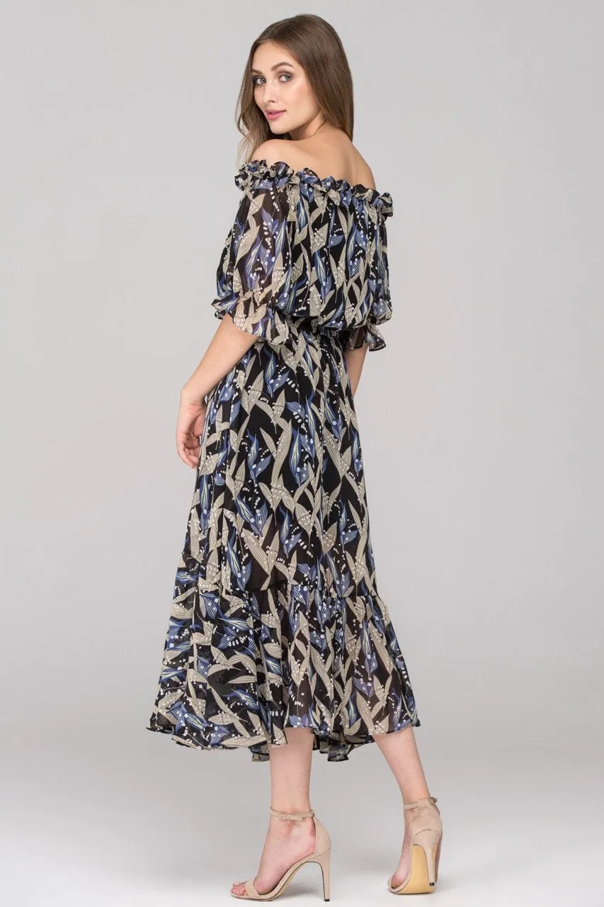 Black and Blue Lily of the Valley Off the Shoulder Maxi Dress