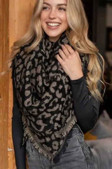 Black and Taupe leopard print blanket scarf