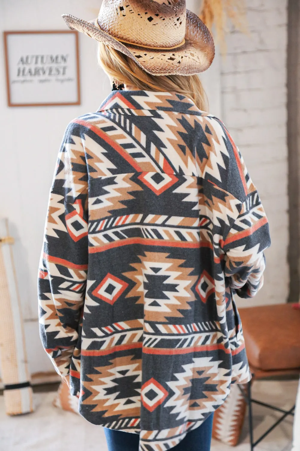 Black Brushed Aztec Oversized Pocketed Shacket