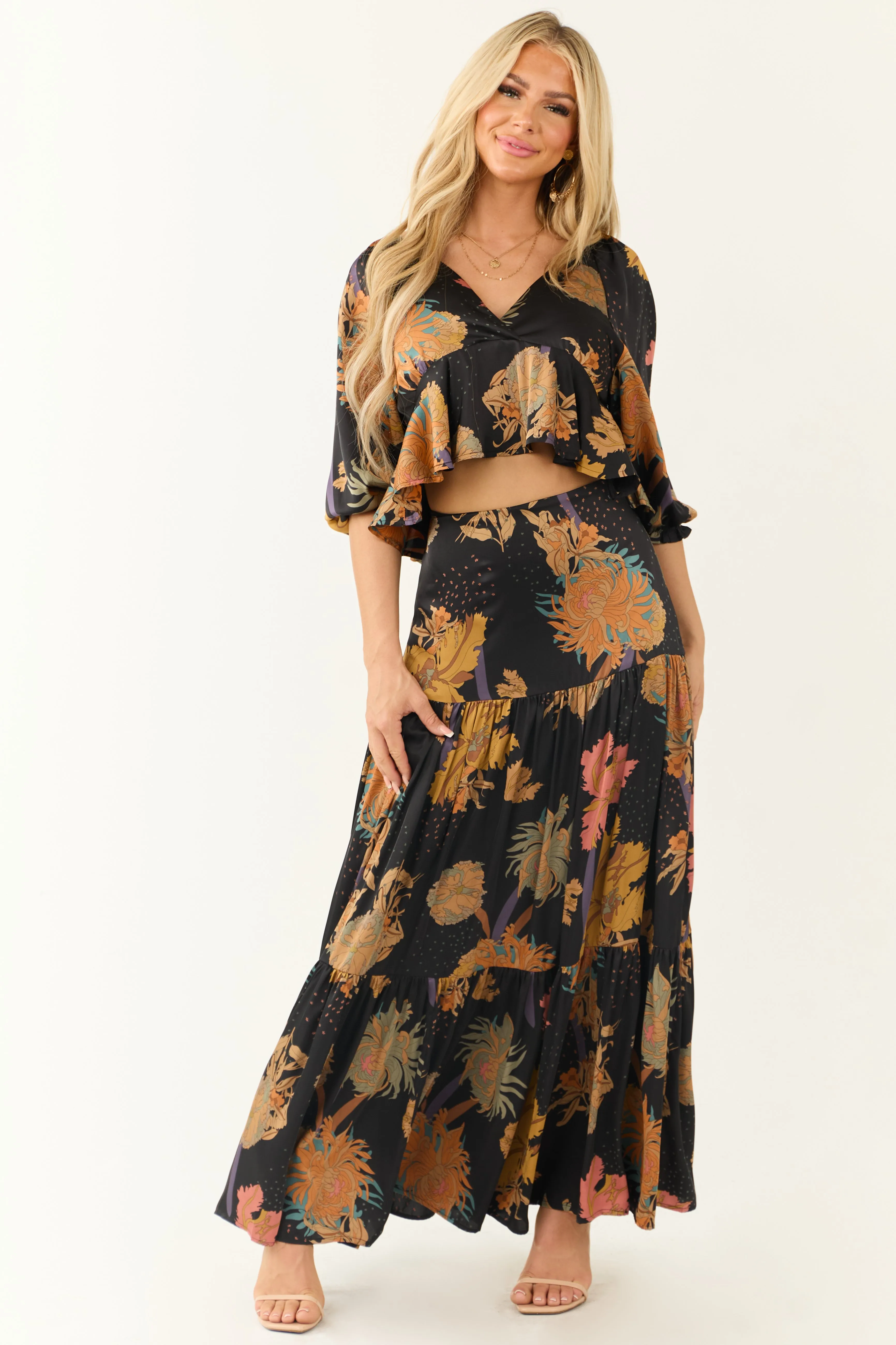 Black Floral Print Satin Tiered Maxi Skirt