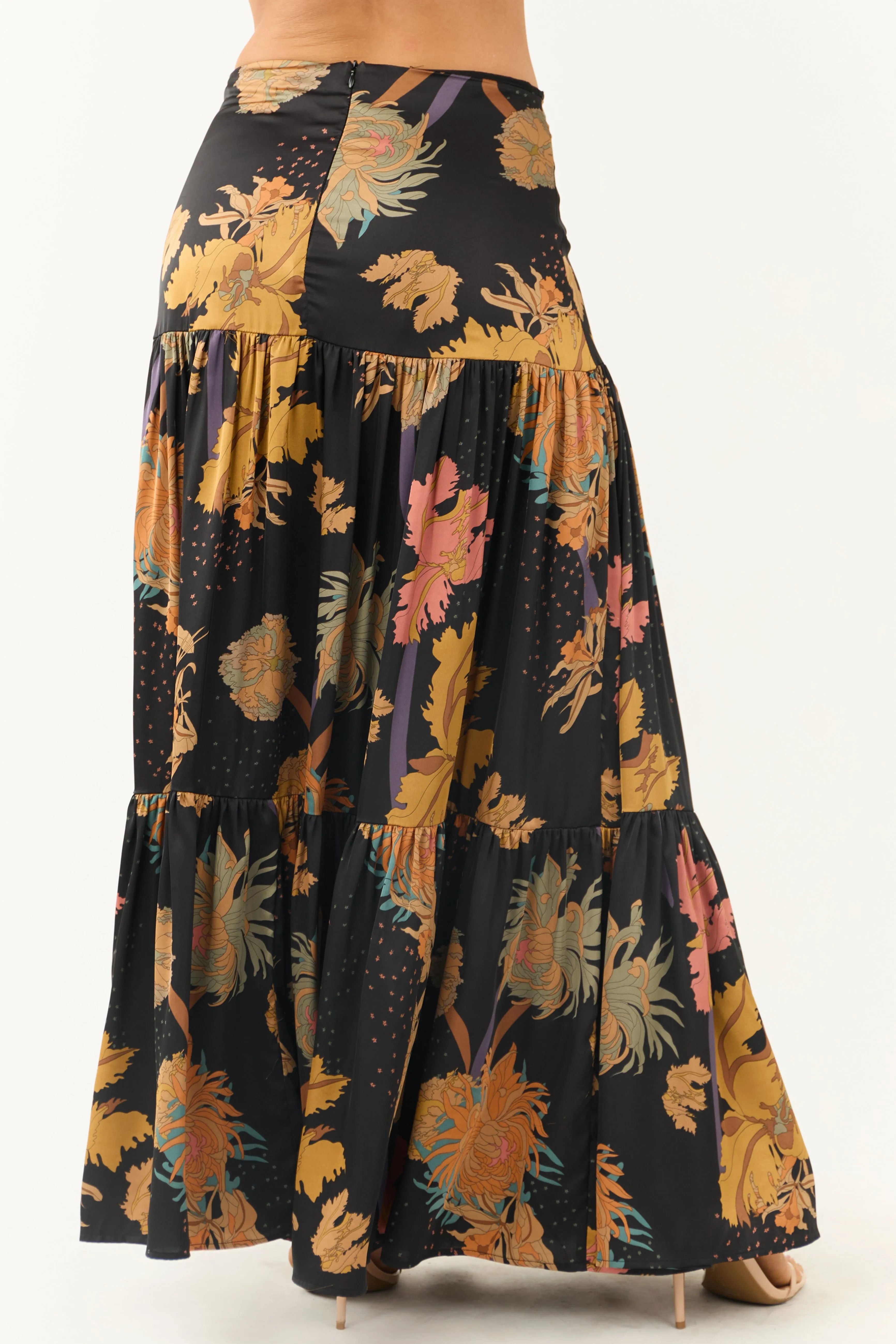 Black Floral Print Satin Tiered Maxi Skirt