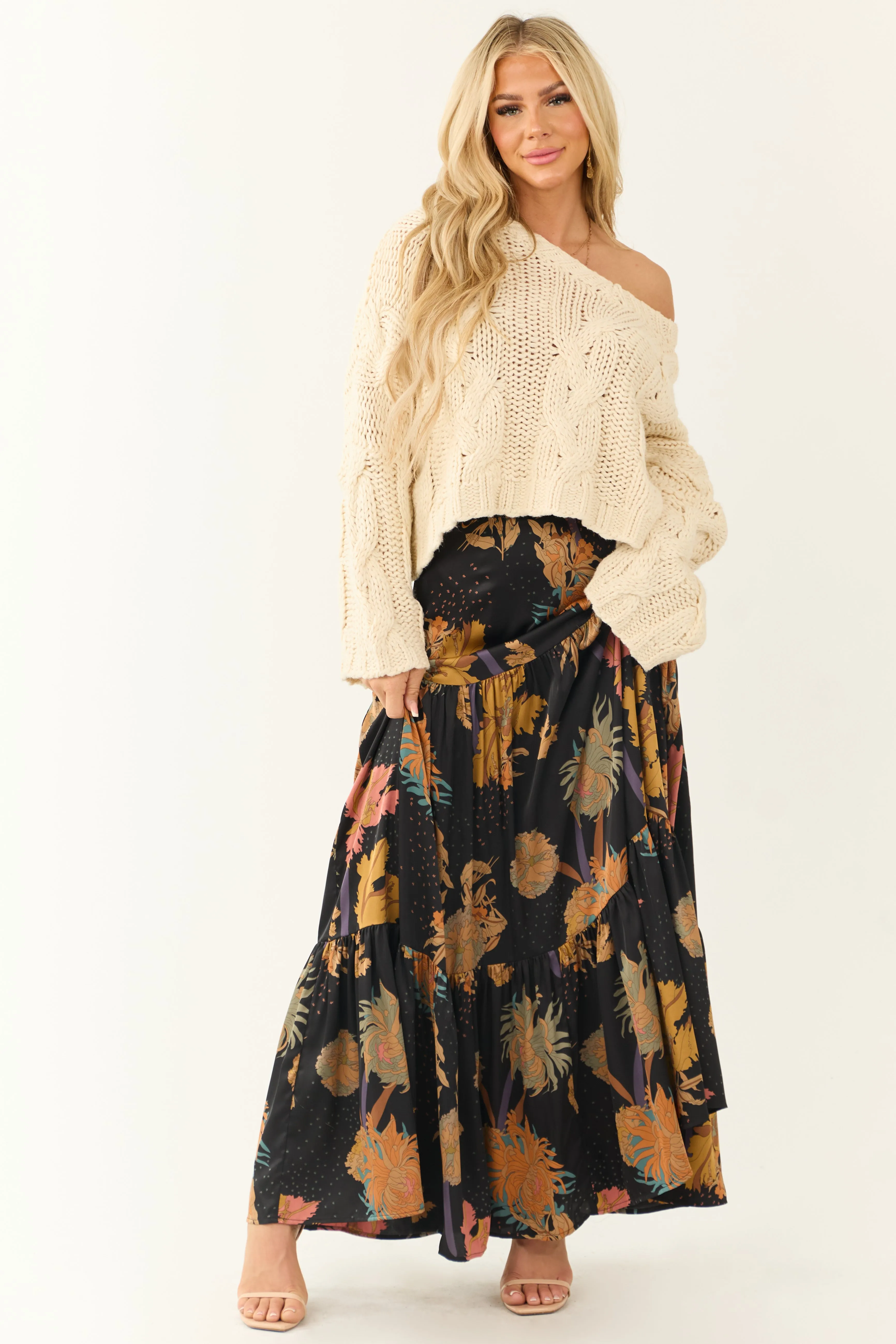 Black Floral Print Satin Tiered Maxi Skirt