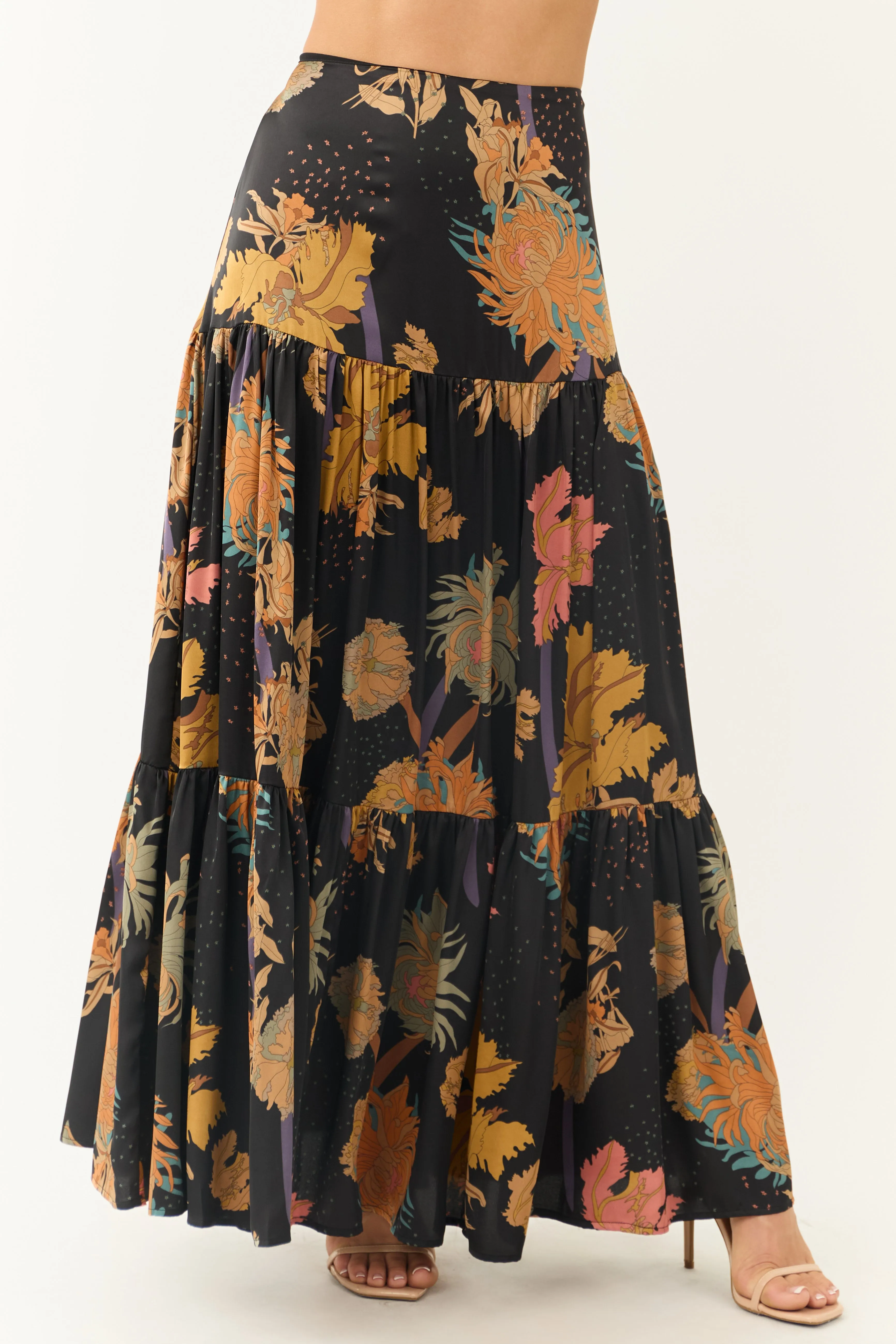 Black Floral Print Satin Tiered Maxi Skirt