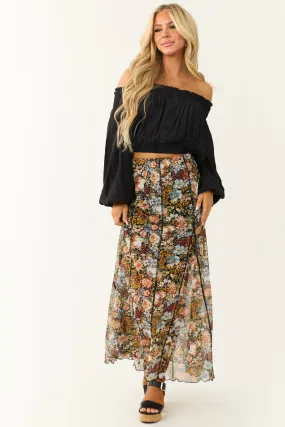 Black Mesh Overlay Floral Print Maxi Skirt