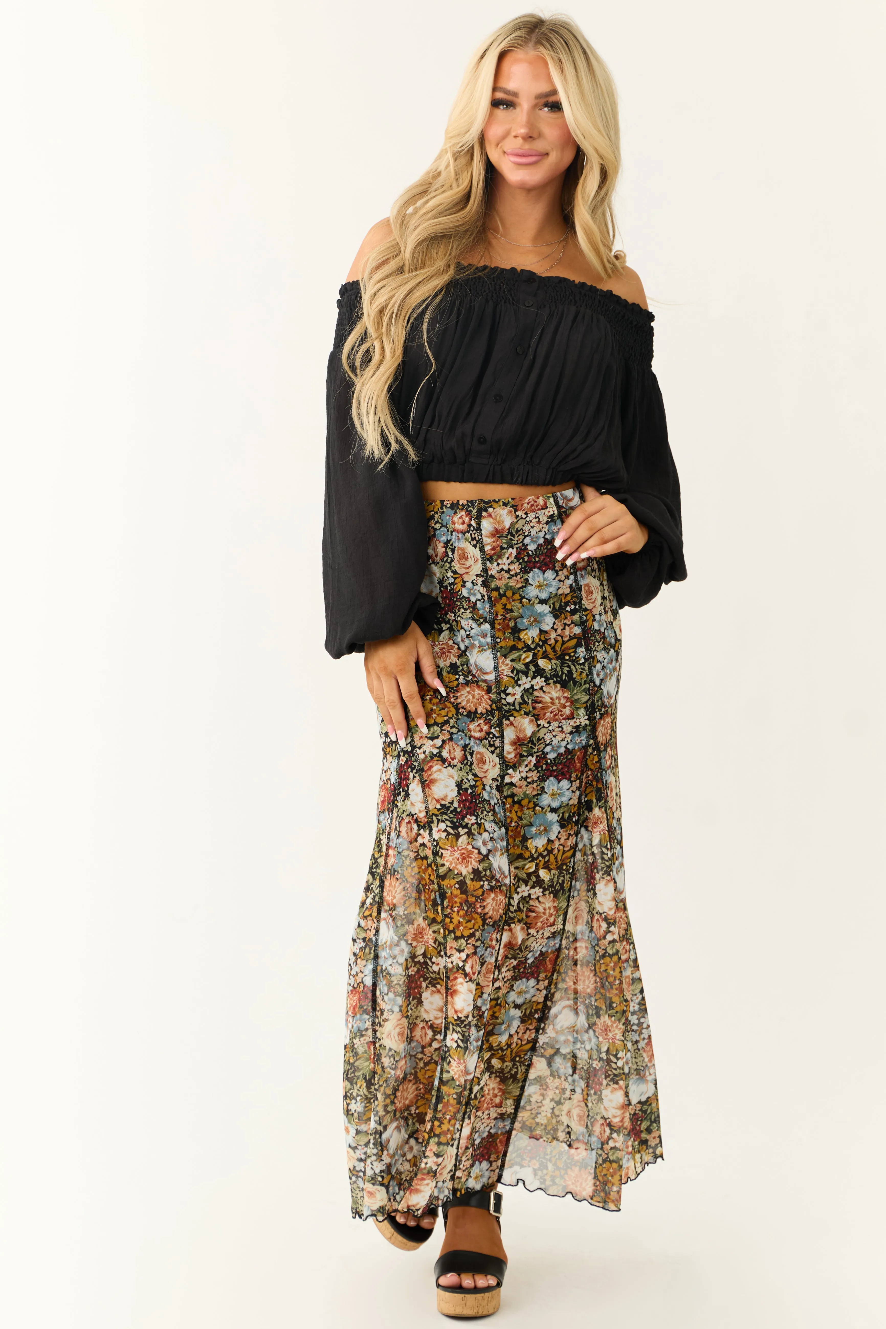 Black Mesh Overlay Floral Print Maxi Skirt